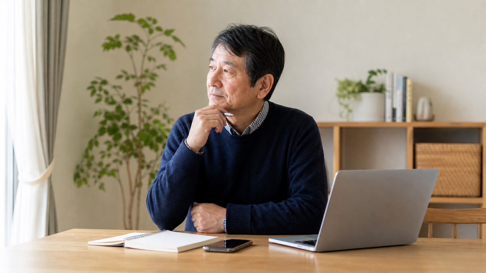 明るい部屋でノートとパソコンを前にこれからの仕事を考える50代男性