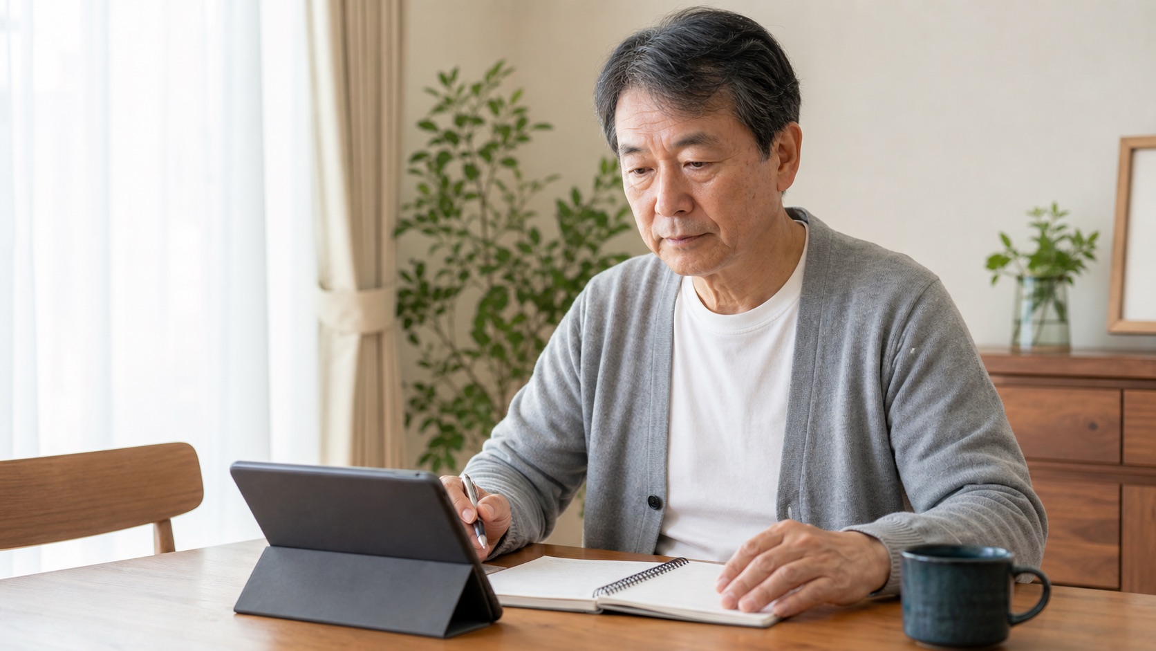 自宅の食卓でタブレットとノートを見ながら講座条件を確認する50代後半の男性