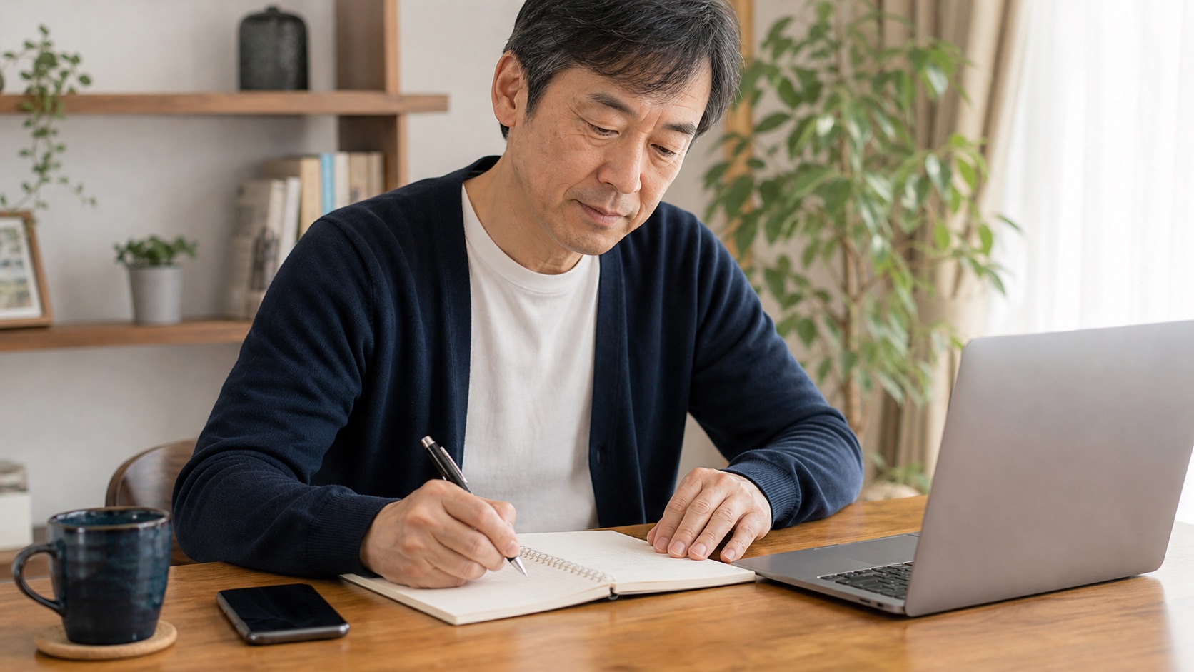 明るい机でノートに作業を書き出す50代男性