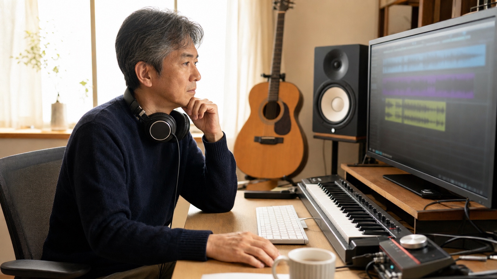 自宅スタジオでパソコンの画面を見つめる50代の音楽制作者
