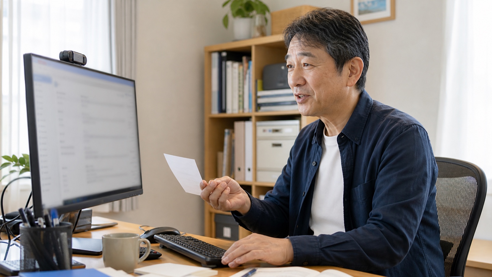 自宅の書斎でメモを手にパソコンへ話しかける50代後半の男性