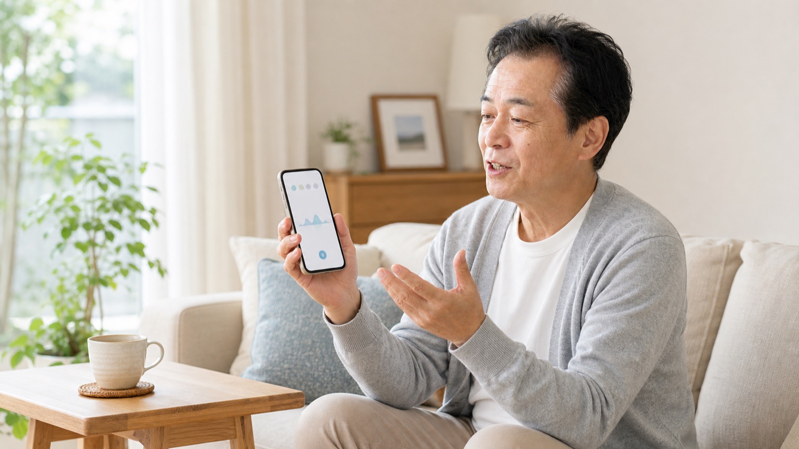 明るいリビングでスマホに向かって楽な姿勢で話しかける60代前後の人物