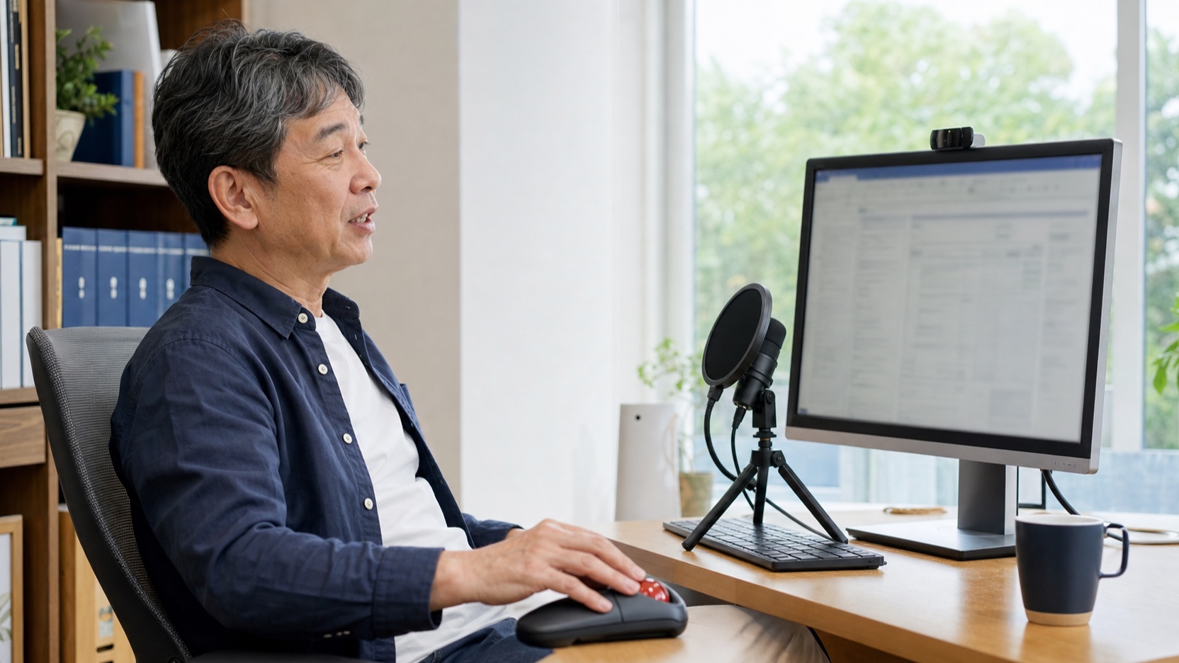 自宅の書斎でトラックボールマウスに手を置いたままパソコンに話しかける60歳前後の男性
